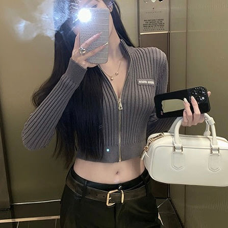 【Taéf】3カラー展開 韓国カジュアル 韓国ストリート クロップトップ ジップアップカーディガン mry001053