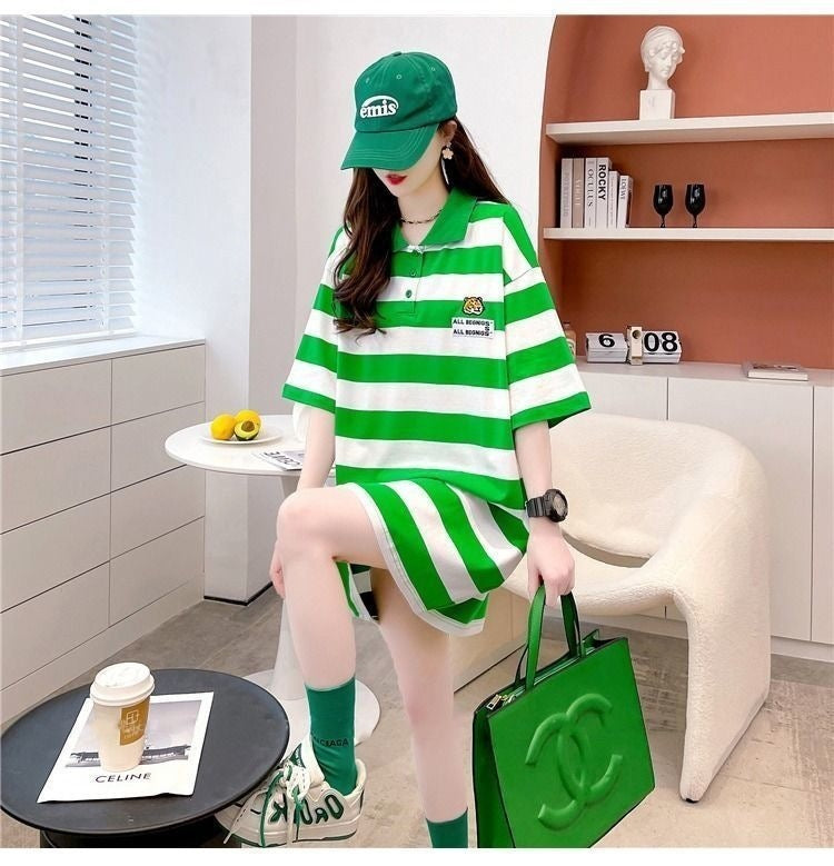 ミドル丈 ストライプ 半袖 ポロシャツ mry000042