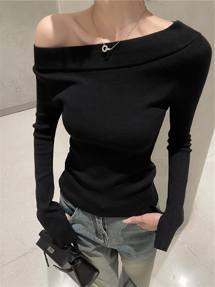 2カラー展開 韓国ストリート 韓国デザイン 韓国カジュアル シンプル オフショルダー ニットトップス mry001145