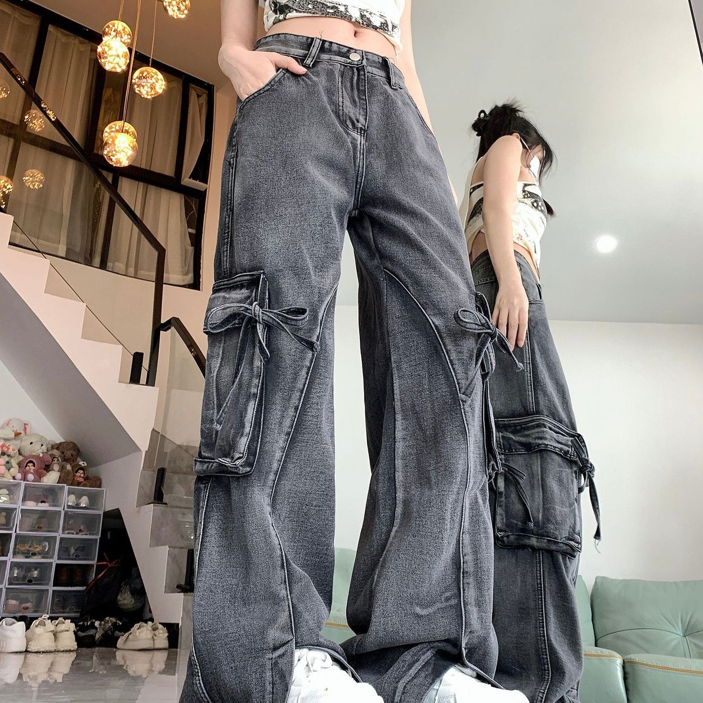 アメリカン 韓国ストリート 韓国カジュアル デニム生地 リボン パンツ mry001205