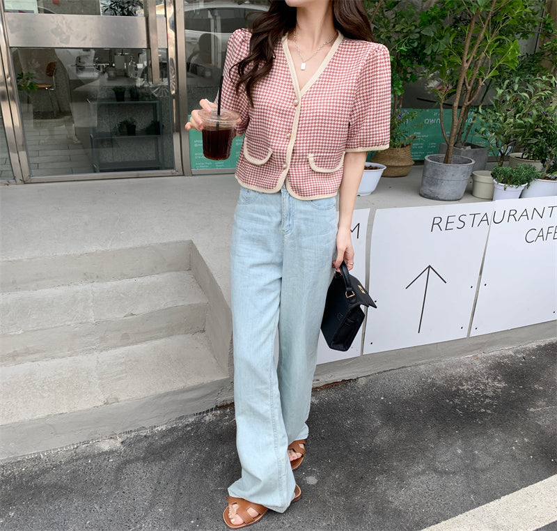 【送料無料】クロップド丈 フレンチスタイル Vネック 千鳥格子 韓国ガーリー 韓国カジュアル mry000536