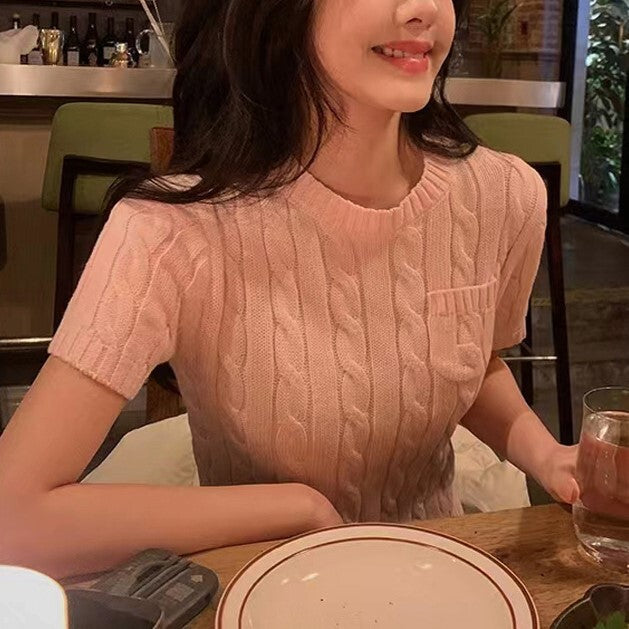 【送料無料】4カラー展開 高品質 半袖 ミニポケット ニット トップス mry000639