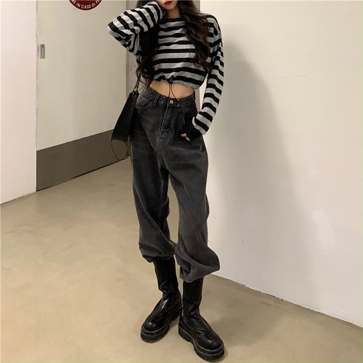 ショート丈 ストライプ ウエストマークTシャツ mry000442