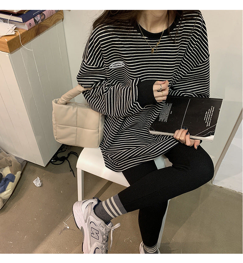 【送料無料】ワンポイント ビッグシルエット ストライプ Tシャツ 韓国カジュアル 韓国ストリートmry000610