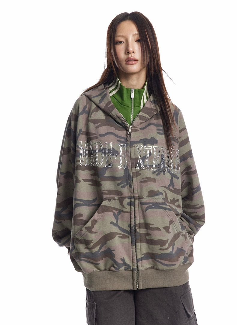 Rhinestone Camo Oversized Zip Hoodie mry001634
