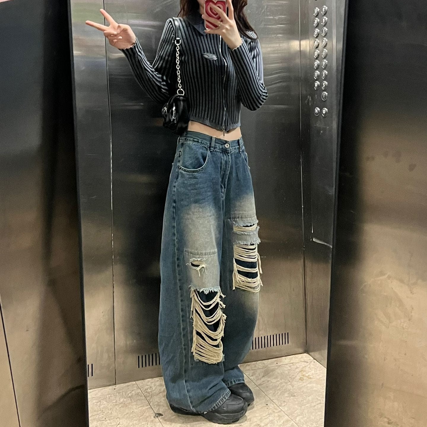 【送料無料】アメリカン レトロ ビッグシルエット ハイウエスト ジーンズ mry000655