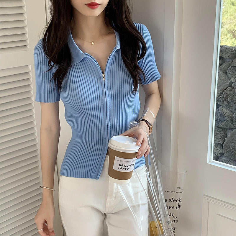 ラペルジッパートップス 薄手ニット 半袖 mry000009