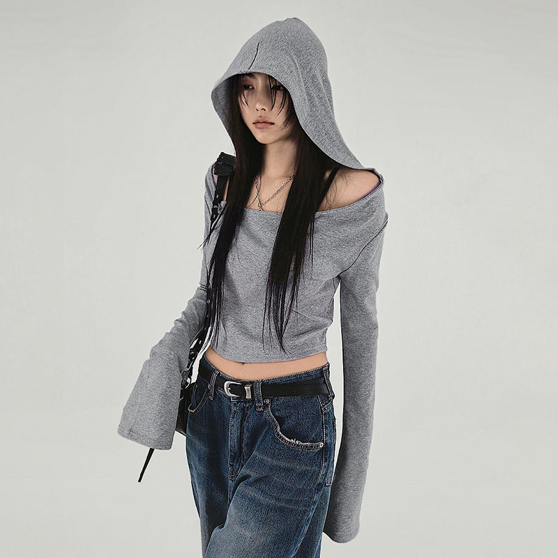 Off-Shoulder Hooded Crop Top mry001664