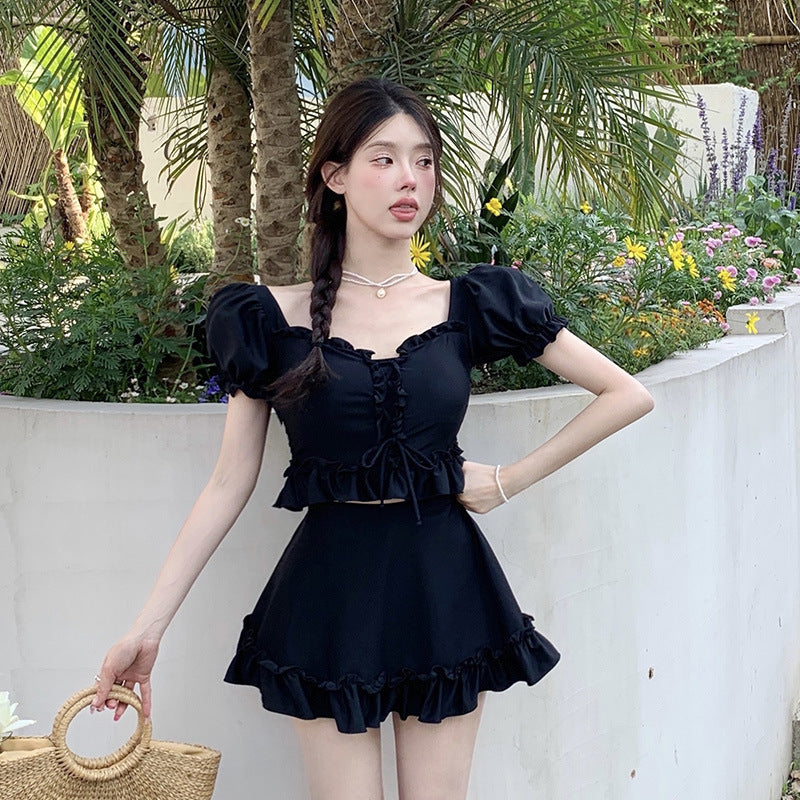 【送料無料】パフスリーブ フリル ハイウエスト スカート セットアップ 水着 韓国ガーリー mry000763