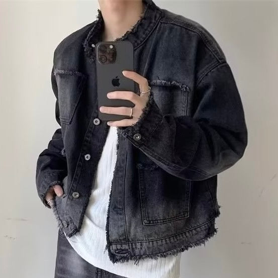2カラー展開 韓国ストリート 韓国カジュアル デニム生地 ヴィンテージ 襟なし ジャケット mry001248