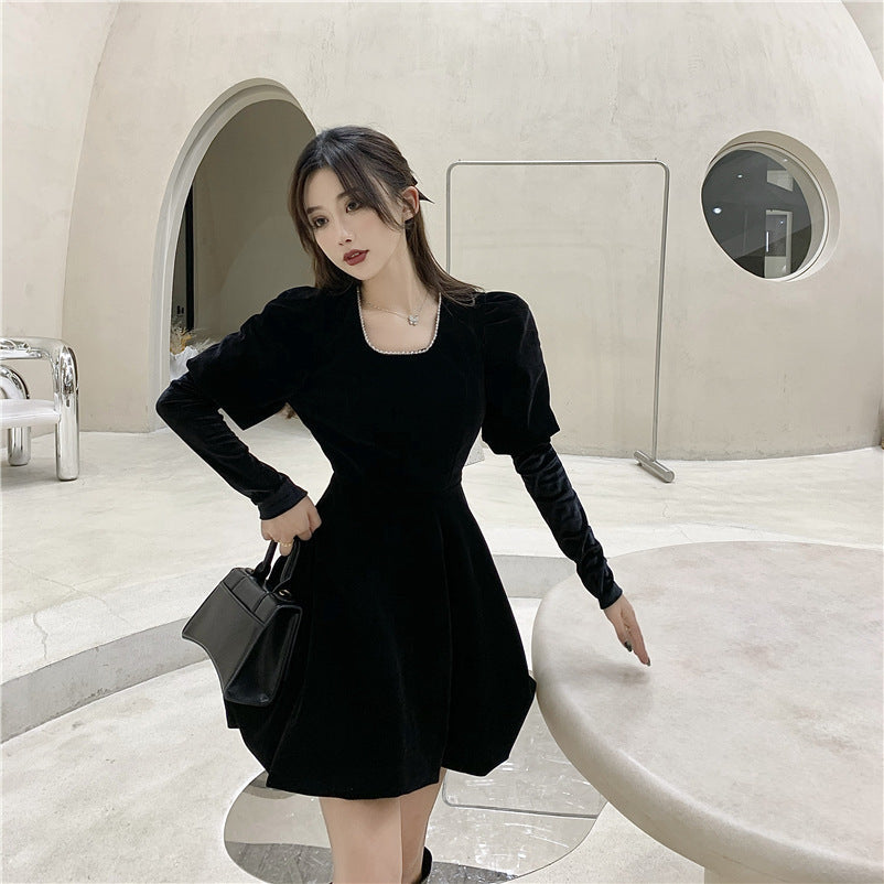 ブラック ベロア パフスリーブワンピース mry000456