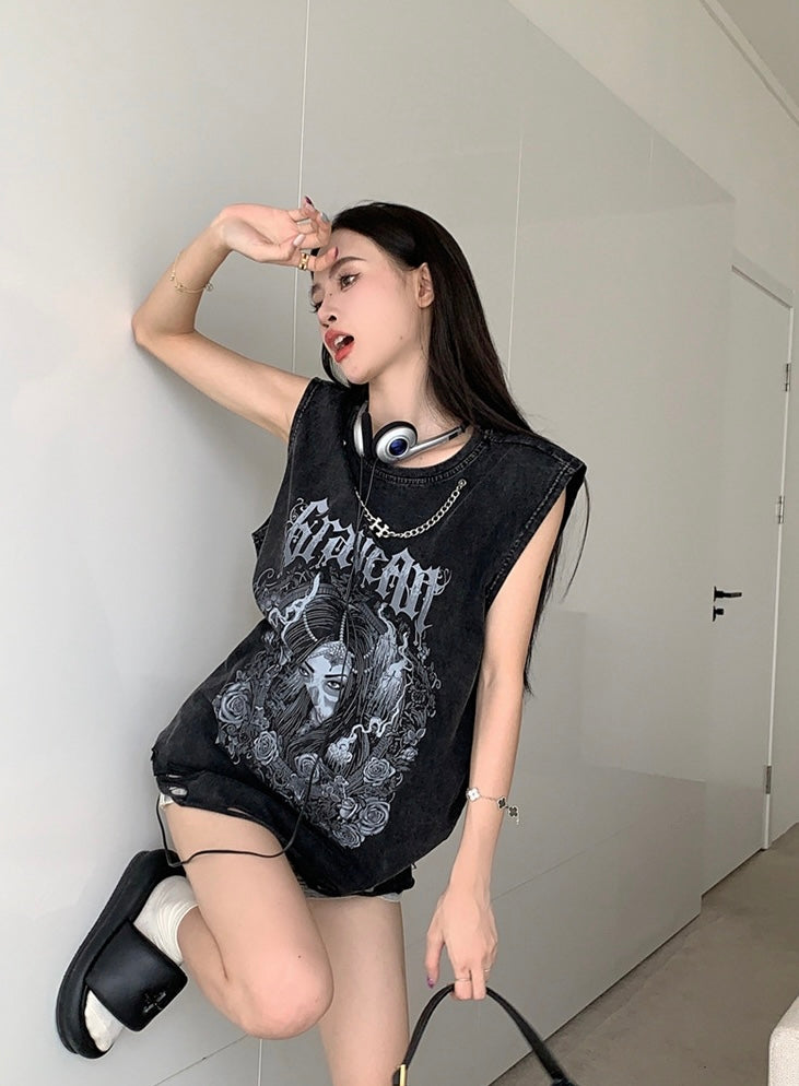 Chain Neck Graphic Sleeveless Tee mry001656