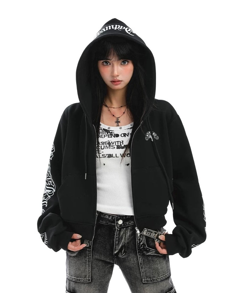 【Tops】Gothic Logo Cropped Zip Hoodie mry001888
