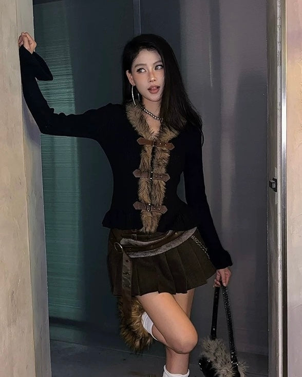 Faux Fur Toggle Knit Cardigan mry002093