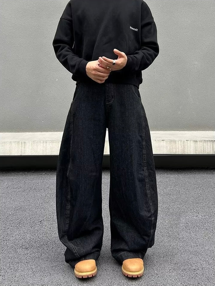 【COVER:FIT】Black Wide-Leg Minimalist Denim Pants mry001632