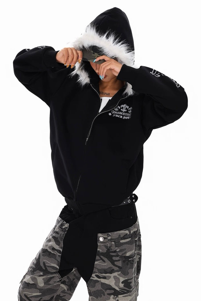 Fur Hood Gothic Zip Hoodie Jacket mry002246