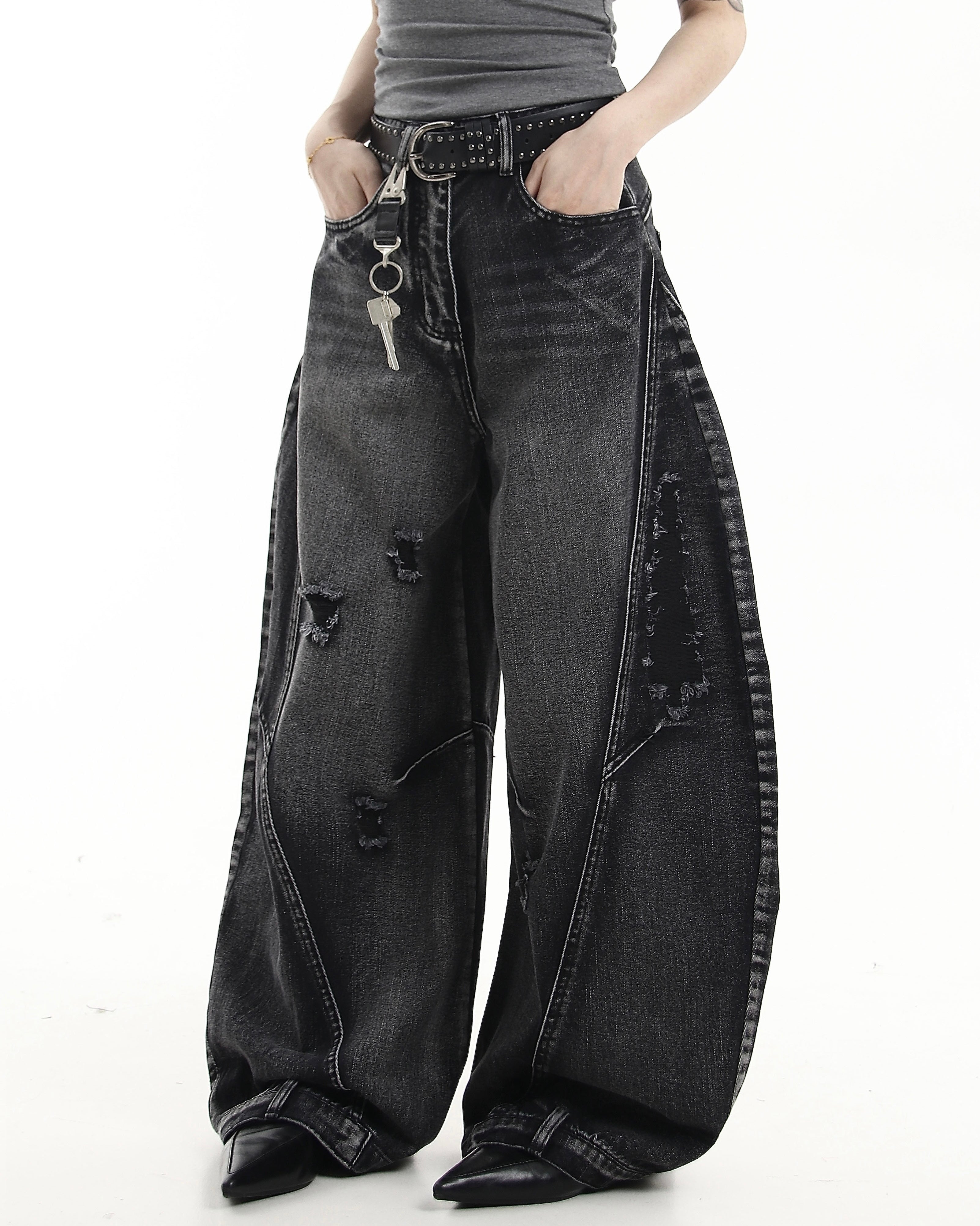 【COVER:FIT】 Vintage Washed Distressed Wide-Leg Denim Pants mry001868