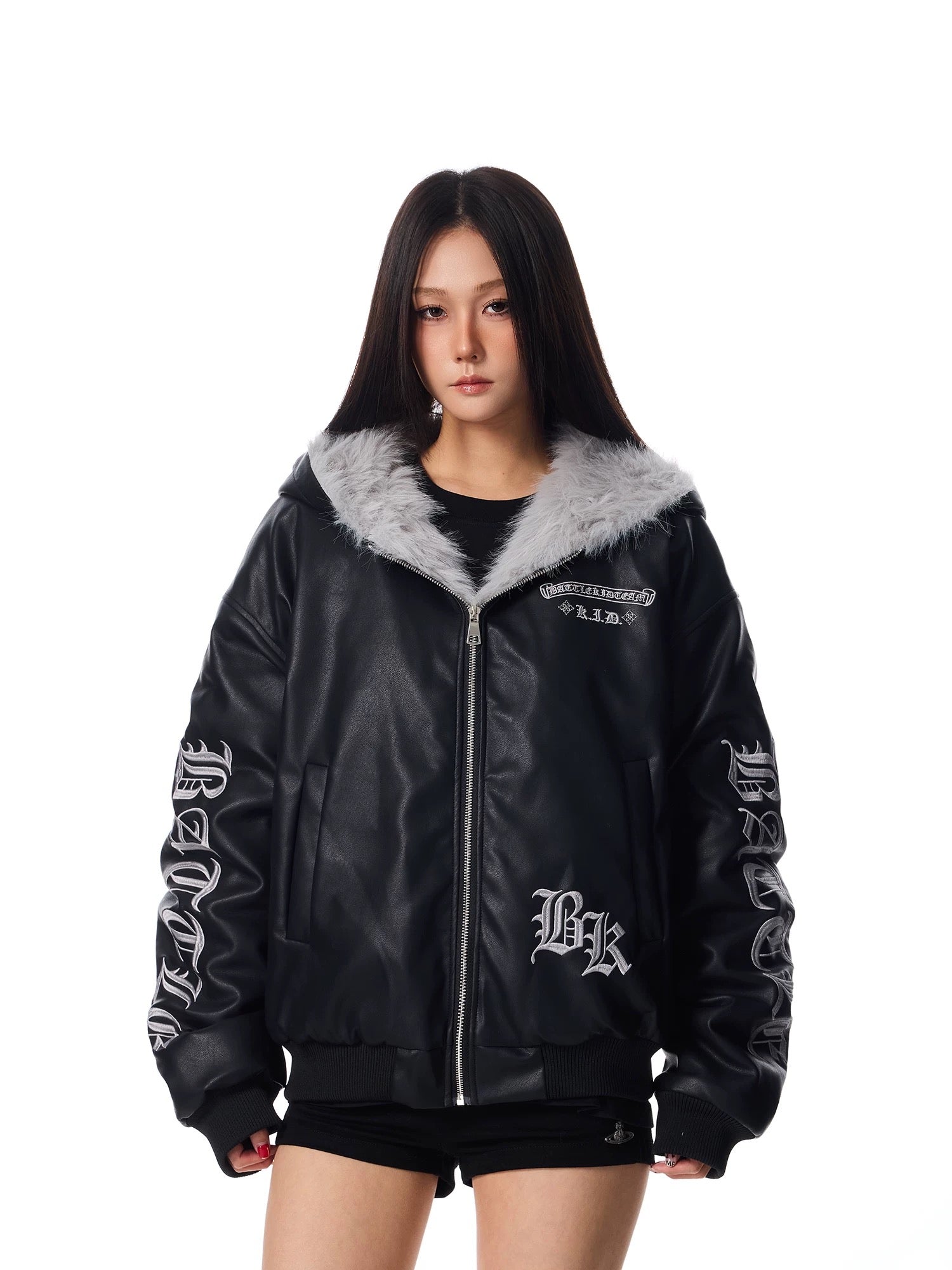 Fur Hood Graphic Leather Jacket mry001992