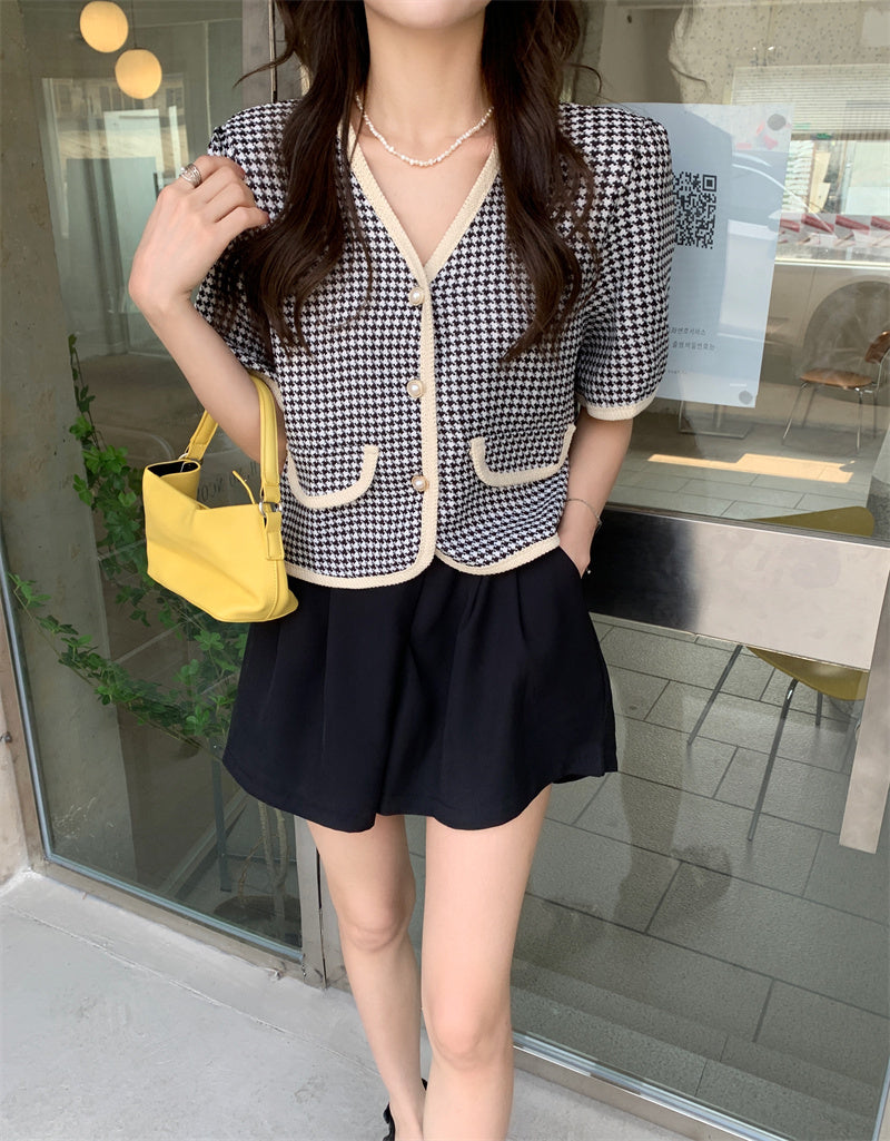 【送料無料】クロップド丈 フレンチスタイル Vネック 千鳥格子 韓国ガーリー 韓国カジュアル mry000536