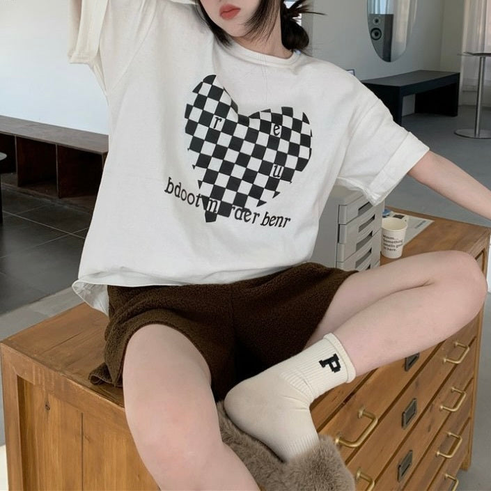 モノクロハート ニッチルーズ カジュアル 半袖トップス mry000091