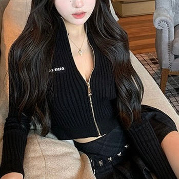 3カラー展開 韓国カジュアル 韓国ストリート クロップトップ ジップアップカーディガン mry001053