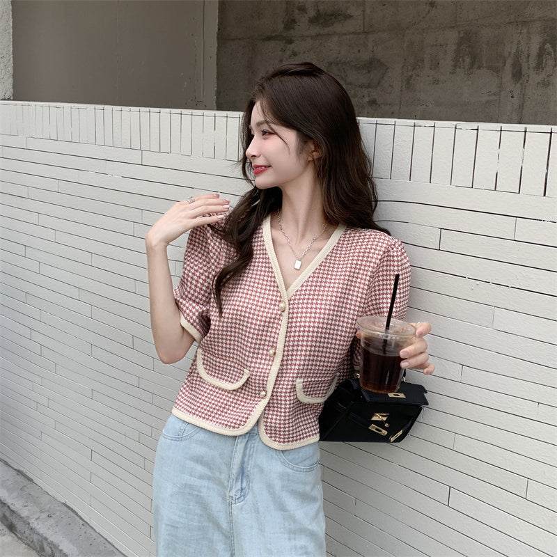 【送料無料】クロップド丈 フレンチスタイル Vネック 千鳥格子 韓国ガーリー 韓国カジュアル mry000536