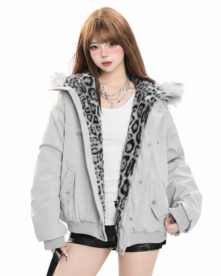 Leopard Lined Fur Hood Jacket mry002015