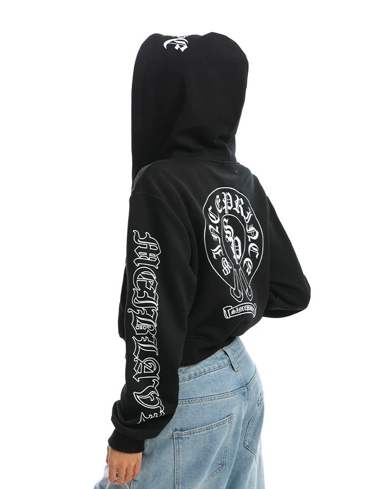 【Tops】Gothic Logo Cropped Zip Hoodie mry001888