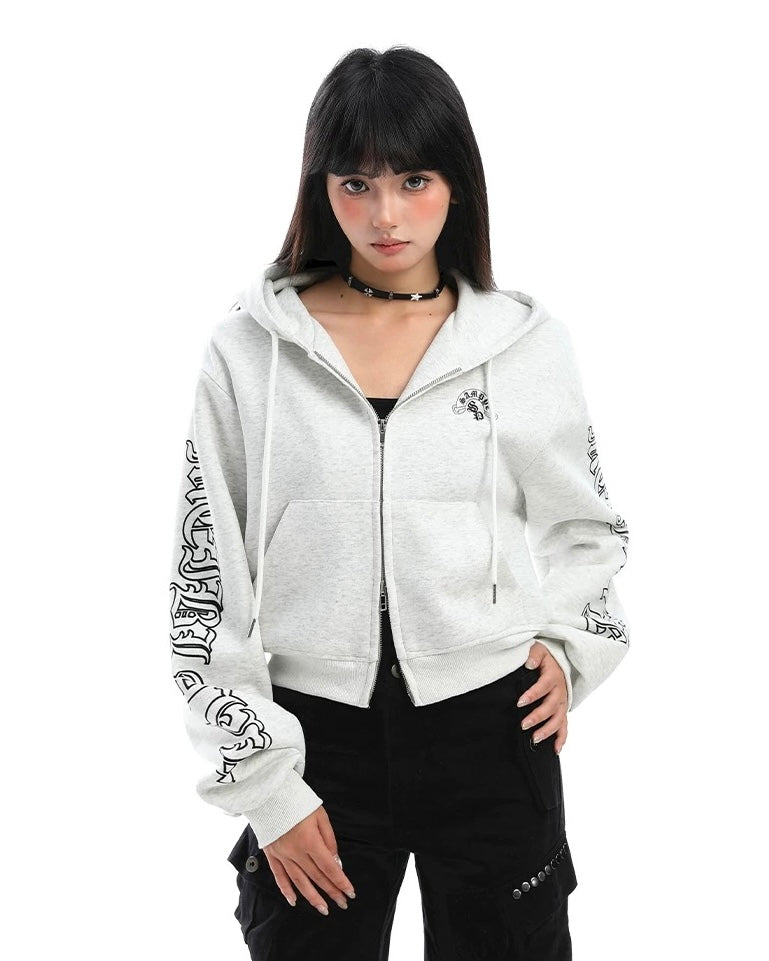 【Tops】Gothic Logo Cropped Zip Hoodie mry001888