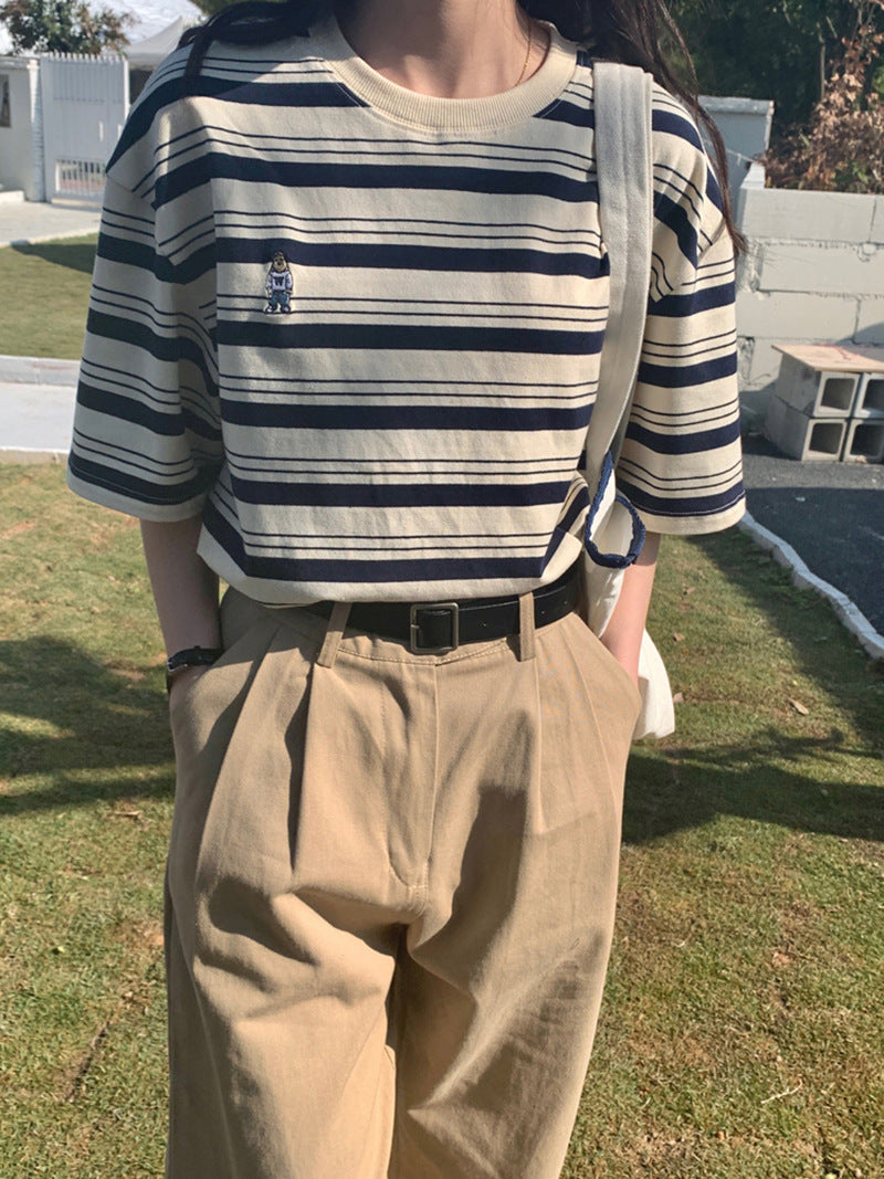 【送料無料】2カラー展開 クマちゃん ワンポイント ボーダー Tシャツ mry000651