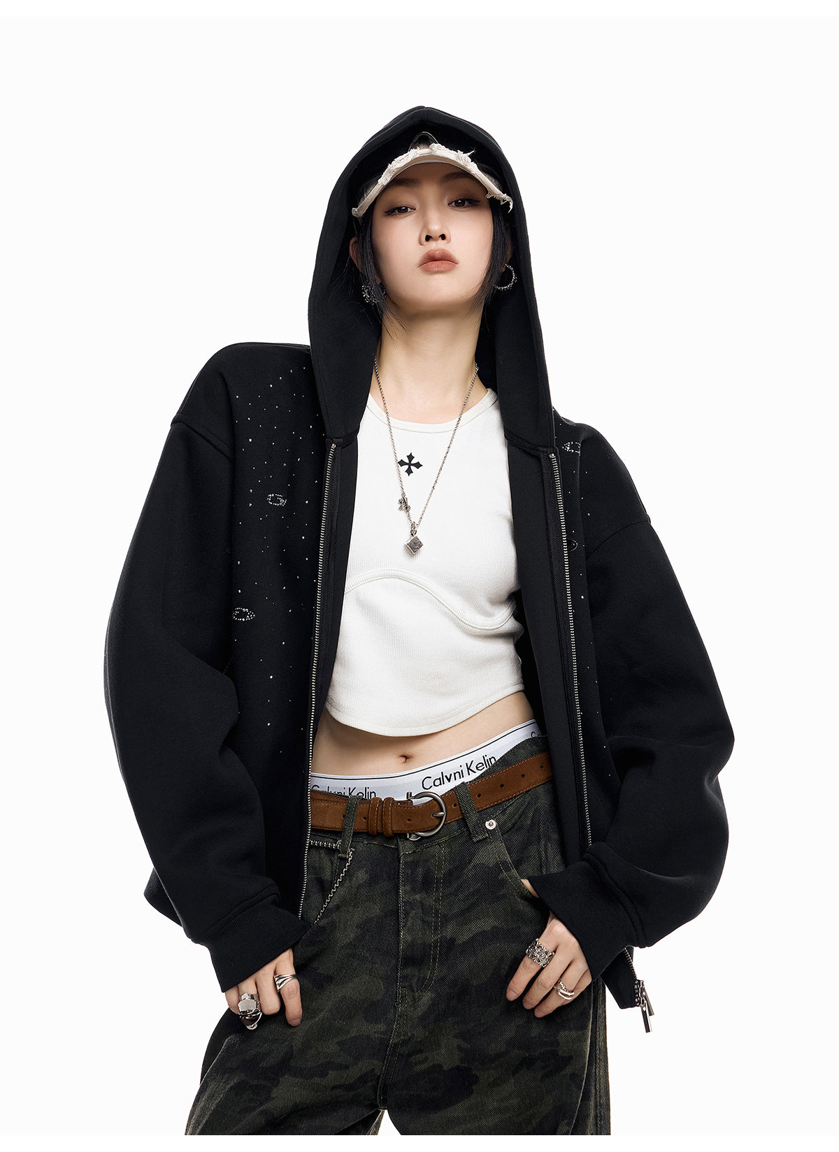 【評価★4.8以上/高品質】Rhinestone Embellished Oversized Zip Hoodie mry001898