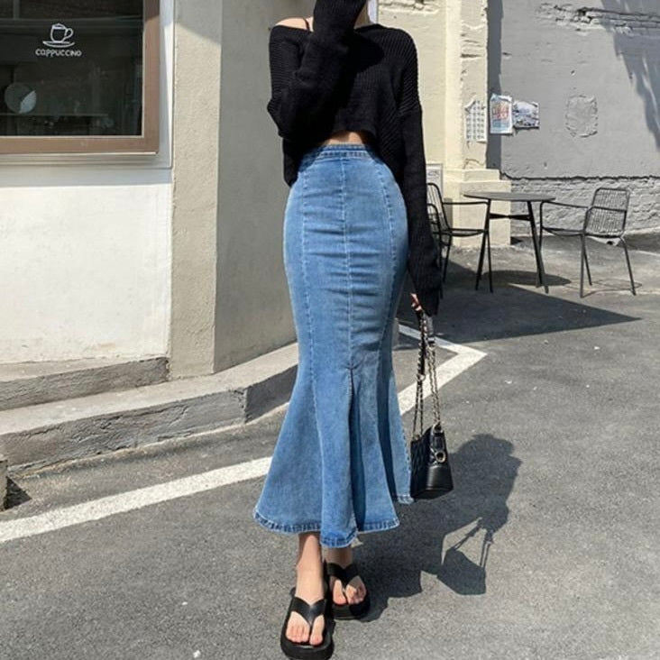 【Chéri】2カラー展開 韓国カジュアル 韓国ストリート デニム生地 ロングスカート mry001153