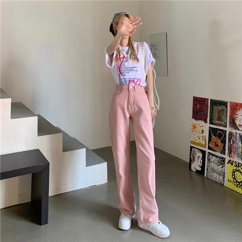 韓国スタイル ルーズ ハイウエスト ストレートパンツ mry000101