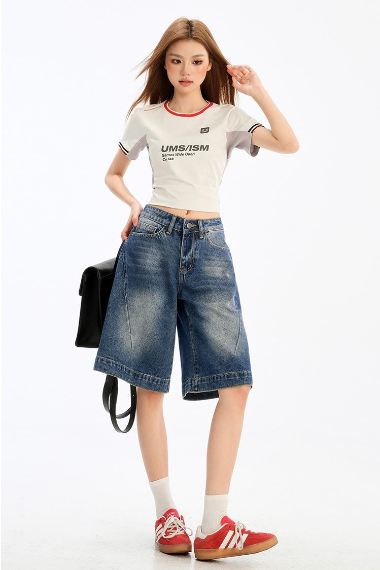Retro Washed Wide-Leg Denim Shorts mry001752