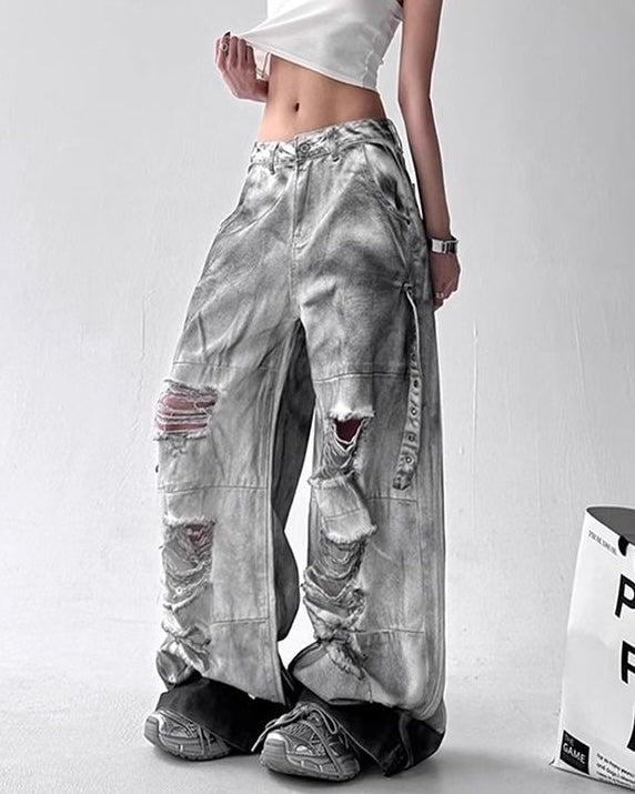 Washed Grey Distressed Cargo Pants mry001807