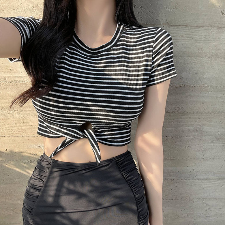 【送料無料】2023SS NEW ストライプ 半袖ビキニ 気になるお腹を隠せる ハイウエスト 水着 mry000694