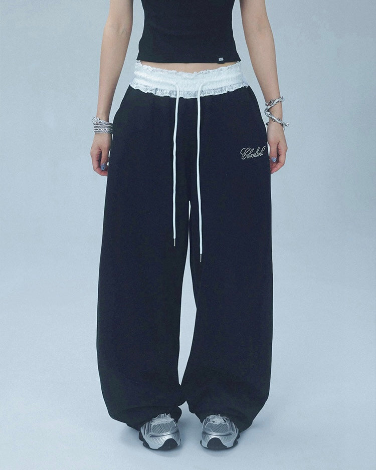 【YURU:FIT】Lace Waist Wide-Leg Sweatpants mry001877