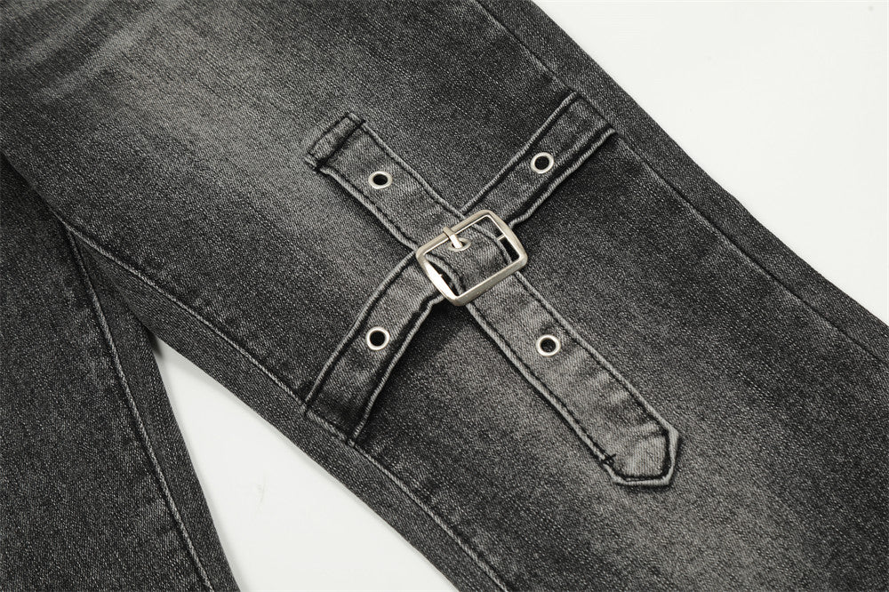 《脚盛れ確定✊🏻✨》Cross-Belt Flare Denim Pants mry001666