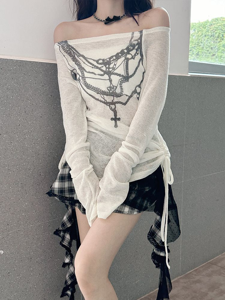 【2color】Off-Shoulder Chain Print Knit Top mry001732