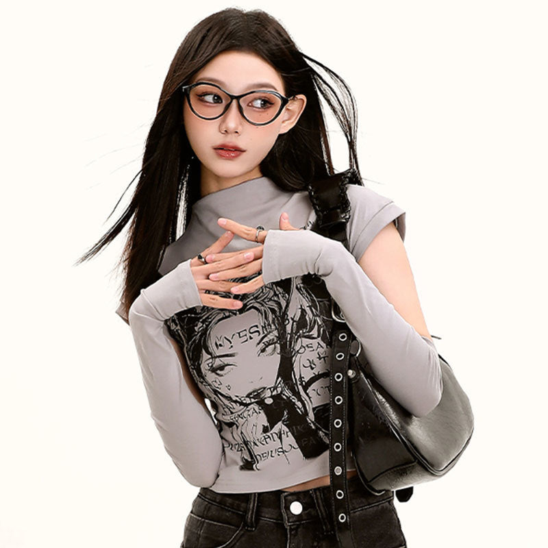 【2color】Cyber Graphic Mock Neck T-Shirt mry001713