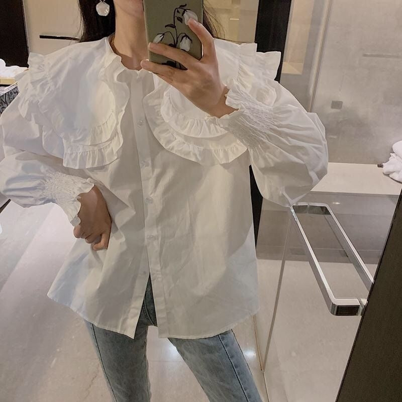 フロントボタン パフスリーブ フリルブラウス 春秋 mry000228