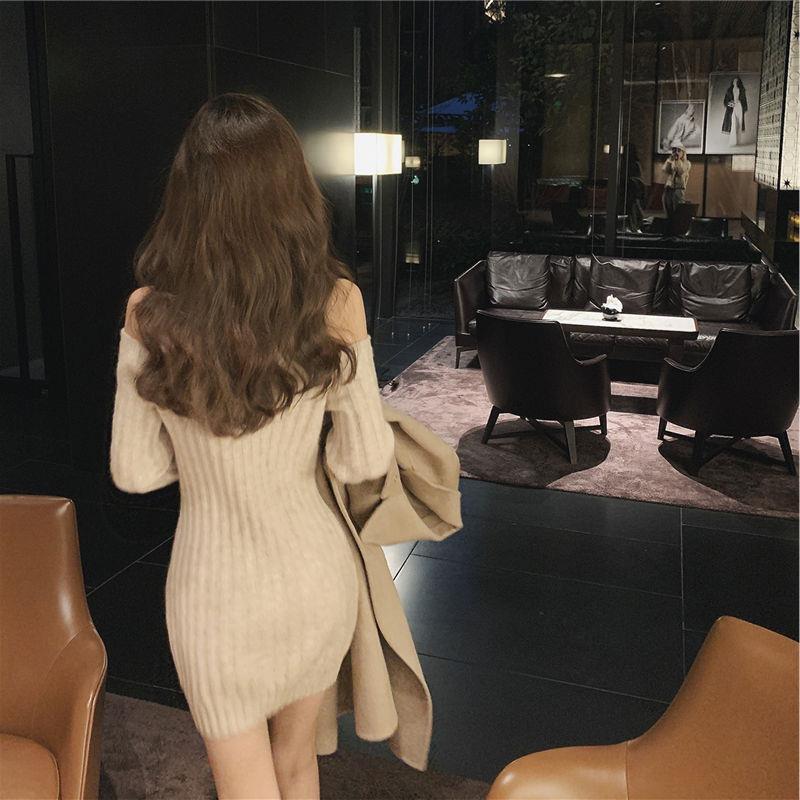 肩開き ニットワンピース タートルネック mry000413