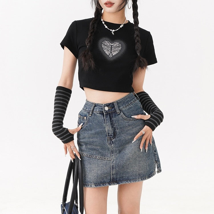 2023SS アームカバー付き クロップド丈 ハート プリント 半袖 Tシャツ 韓国ストリート韓国カジュアル mry000852