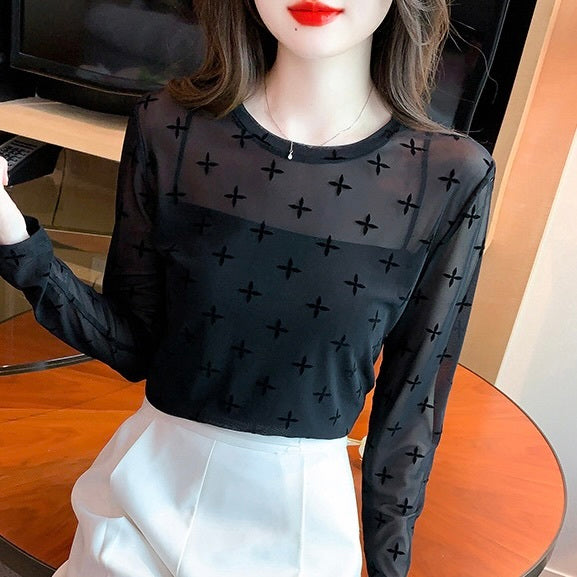 韓国デザイン 韓国カジュアル レース素材 シースルートップ mry001184