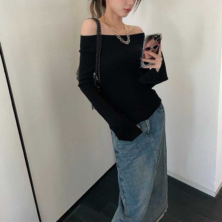 2カラー展開 韓国ストリート 韓国デザイン 韓国カジュアル シンプル オフショルダー ニットトップス mry001145