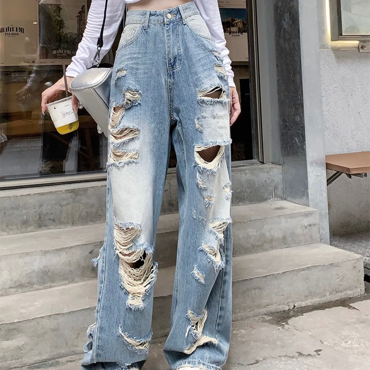 韓国デザイン 韓国ストリート ワイドパンツ ダメージジーンズ mry001148