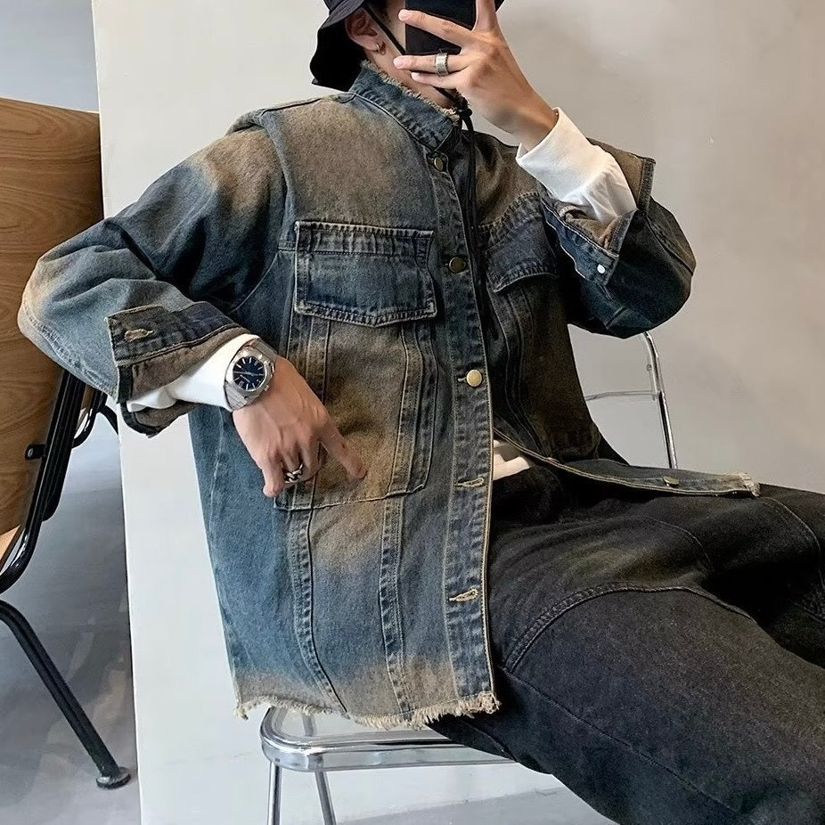 韓国ストリート 韓国カジュアル レトロ ヴィンテージ デニムジャケット mry001369