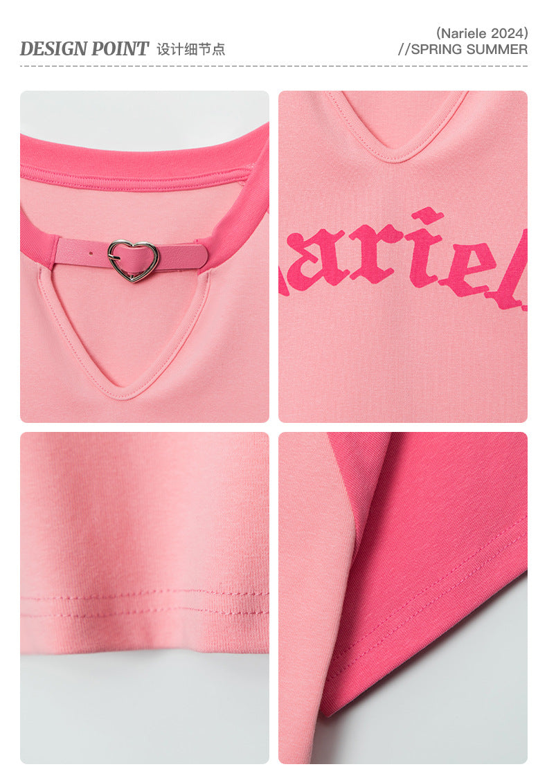 【2color】Heart Choker Raglan Crop Top mry001696