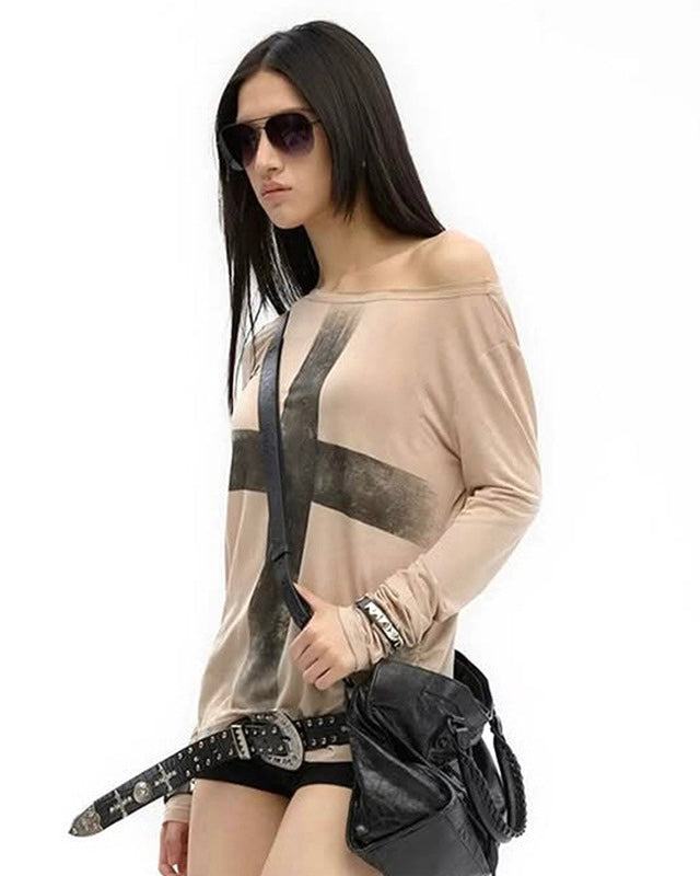 【2color】Cross Print Off Shoulder Tops mry001850