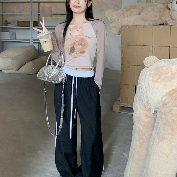 2カラー展開 韓国デザイン 韓国カジュアル ショート丈 キャットプリント 長袖トップス mry001113